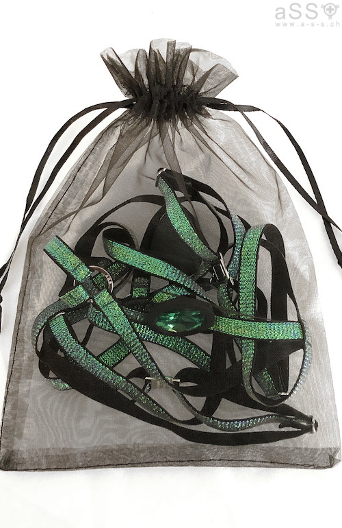 Handgemachtes Lingerie bestehend aus Metallenen Bändern. Das Lingerie ist ein Einteiler und geht hoch bis zum Hals. Unten wird das Lingerie durch einen Anal Plug an Ort und Stelle gehalten. Alle Bänder sind verstellbar.