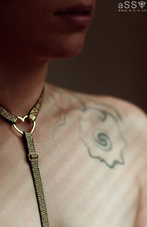 Lencería hecha a mano con tirantes elásticos de color metálico. La lencería es de una sola pieza y llega hasta el cuello. La parte delantera del cuello tiene un pequeño corazón de metal grabado con la inscripción «Love your aSS». En la parte inferior, la lencería se sujeta con un plug anal. Todas las correas son ajustables.