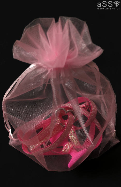 Handmade lingerie consisting of elastic metal-colored ribbons. The lingerie is a one-piece and goes up to the neck. There is a small metal heart engraved with “Love your aSS” on the front of the collar. At the bottom, the lingerie is held in place by an anal plug. All straps are adjustable.