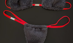 Handmade terry underwear. The panties are a thong. The fabric of the panties and the top can be gathered together to create small pleats